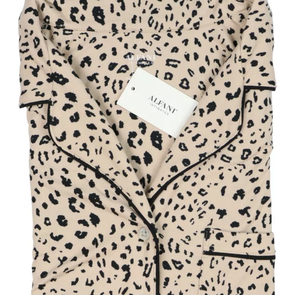 Alfani Women's Ultra-Soft Notch Collar Shirt & Shorts Pajama Set Cheetah M - Picture 2 of 2